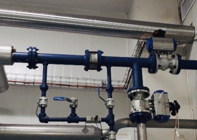 A blue pipe system with valves and pipes.