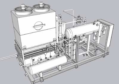 Industrial machinery line drawing, complex piping system.