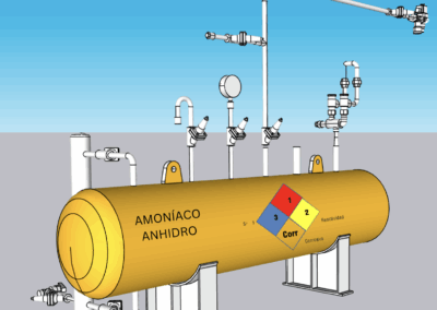 Yellow ammonia tank with safety labels and pipes.